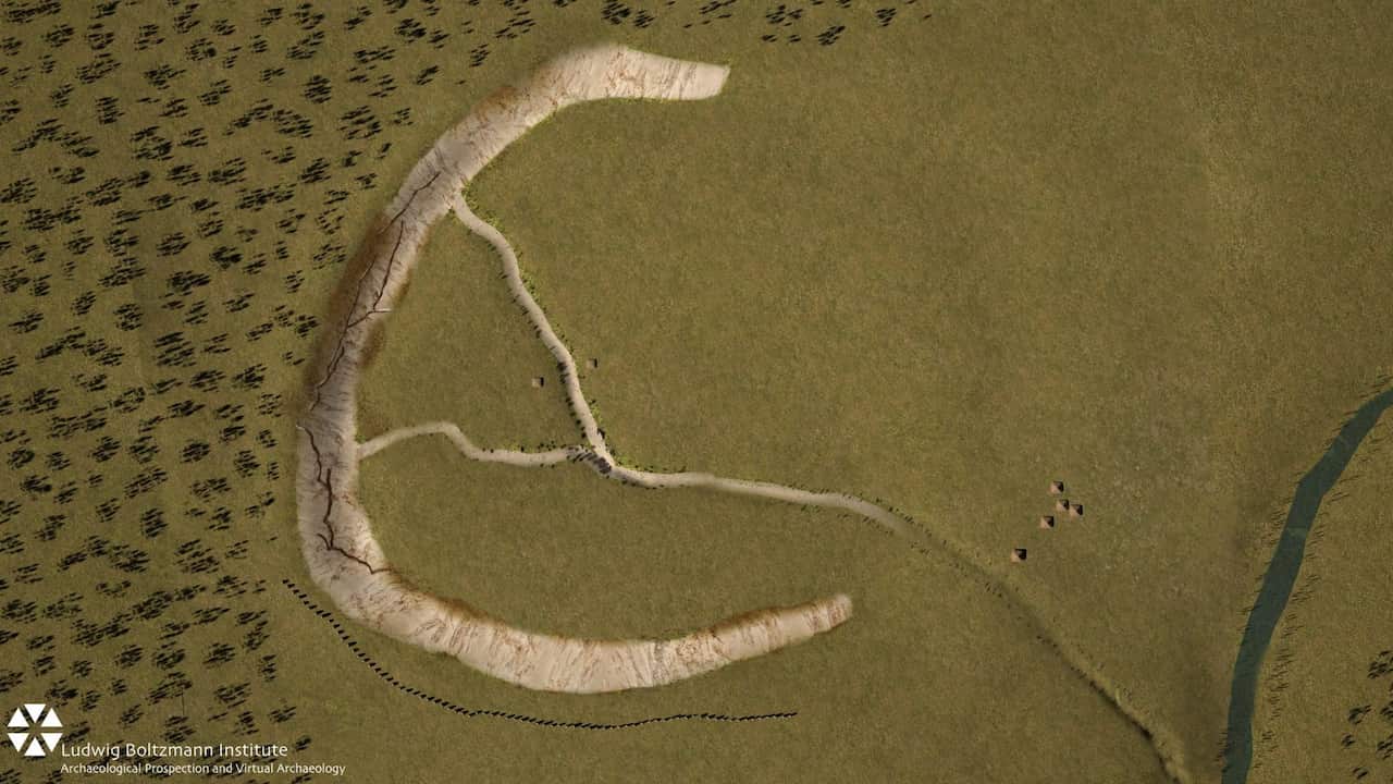 An artists impression of stone monoliths found buried near Stonehenge which could have been part of the largest Neolithic monument built in Britain, archaeologists believe. (EPA/Stonehenge Hidden Landscape Project)