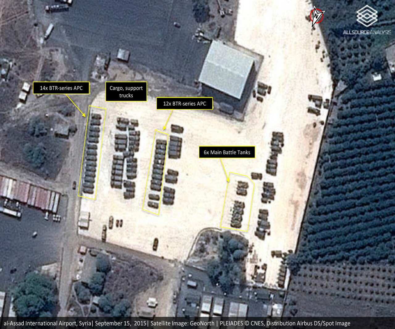 Satellite image with annotations provided by GeoNorth, AllSource Analysis, Airbus shows Russian tanks and armed personnel carriers at an air base in Latakia province, Syria