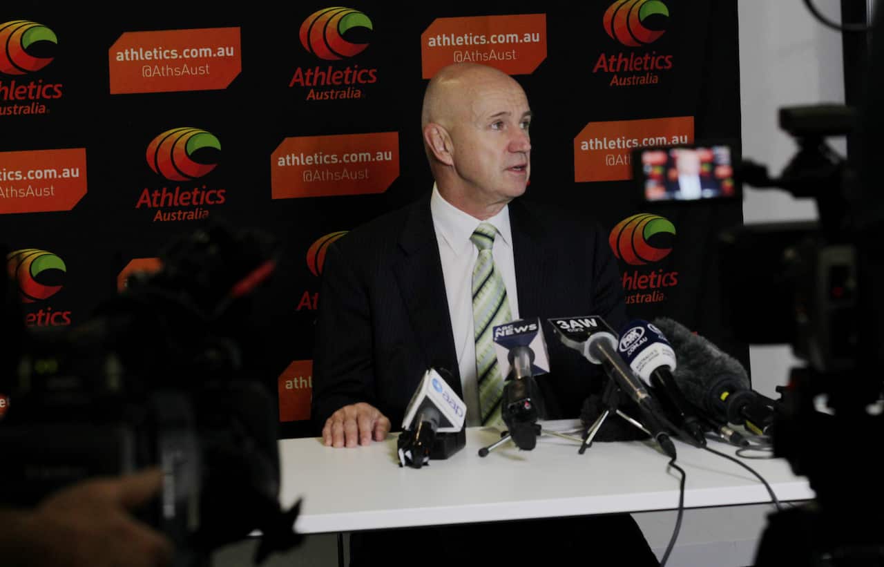 Athletics Australia Chief Executive Officer, Phil Jones, holds a press conference in Melbourne. Tuesday, Nov 10. 2015. He was making comment on WADA's Independent Commissions Report into doping in athletics. (AAP)