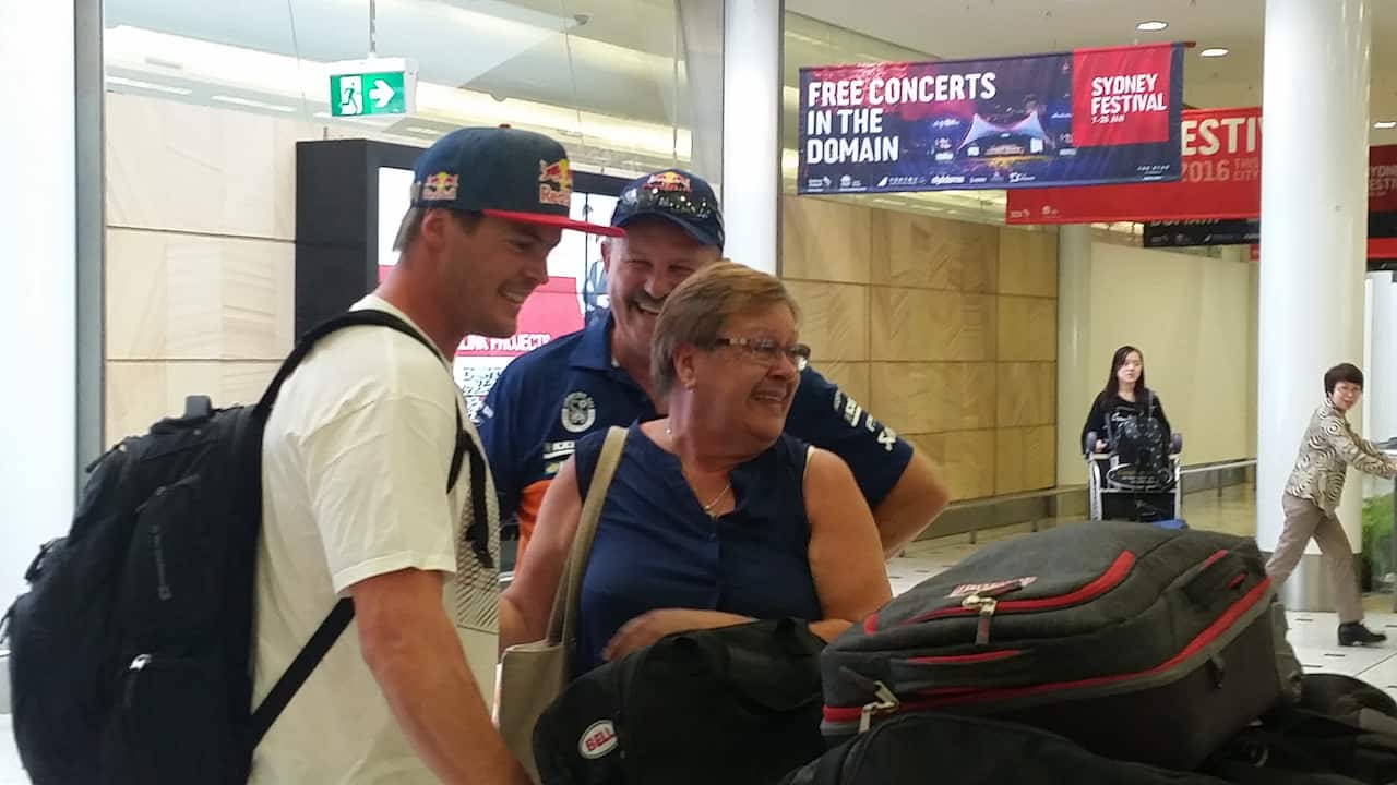 Dakar Rally champion Toby Price receives a warm welcome home at Sydney Airport.