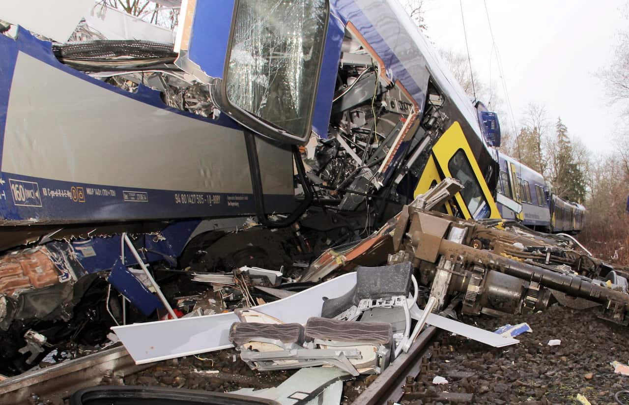 The axis sits separated from the carriage at the site of a train accident near Bad Aibling,Germany, Tuesday, Feb. 9,  2016. 