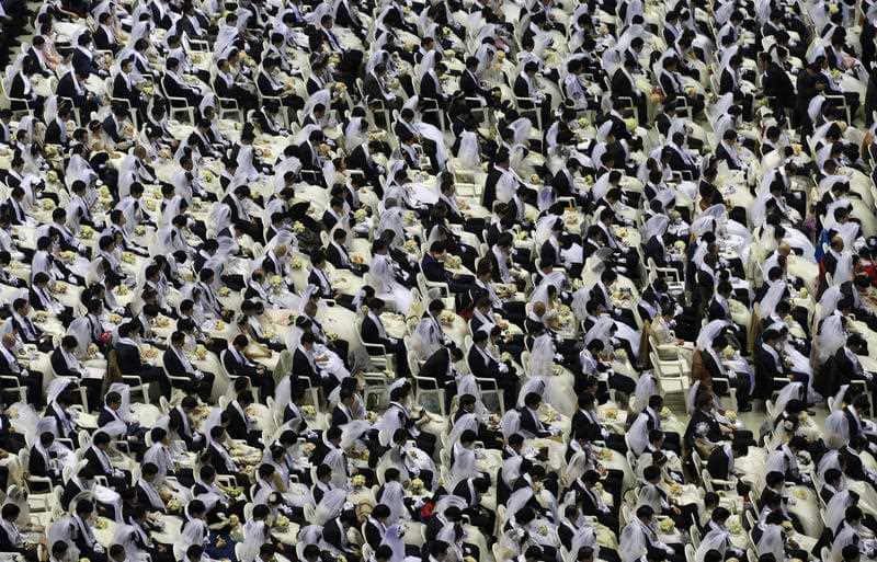 Couples from around the world celebrate in a mass wedding ceremony at the Cheong Shim Peace World Center in Gapyeong, South Korea, Saturday, Feb. 20, 2016. (AP)