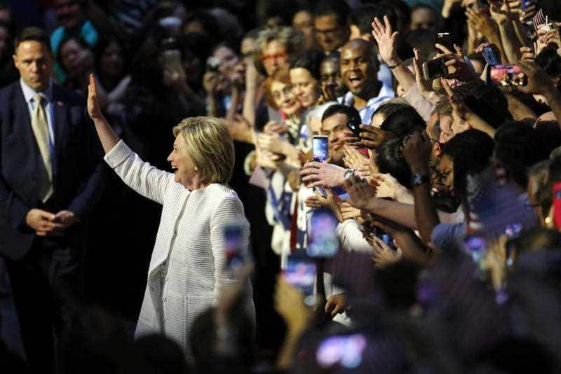 Democratic presidential candidate Hillary Clinton arrives at a presidential primary election night rally, Tuesday, June 7, 2016, in New York.
