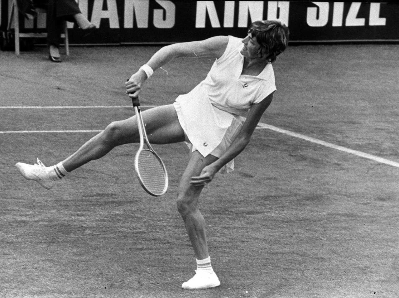 Australia's Margaret Court, the Wimbledon Ladies champion, in action against America's Billie Jean King in the final of the Women's single's. 19-Jun-1971.