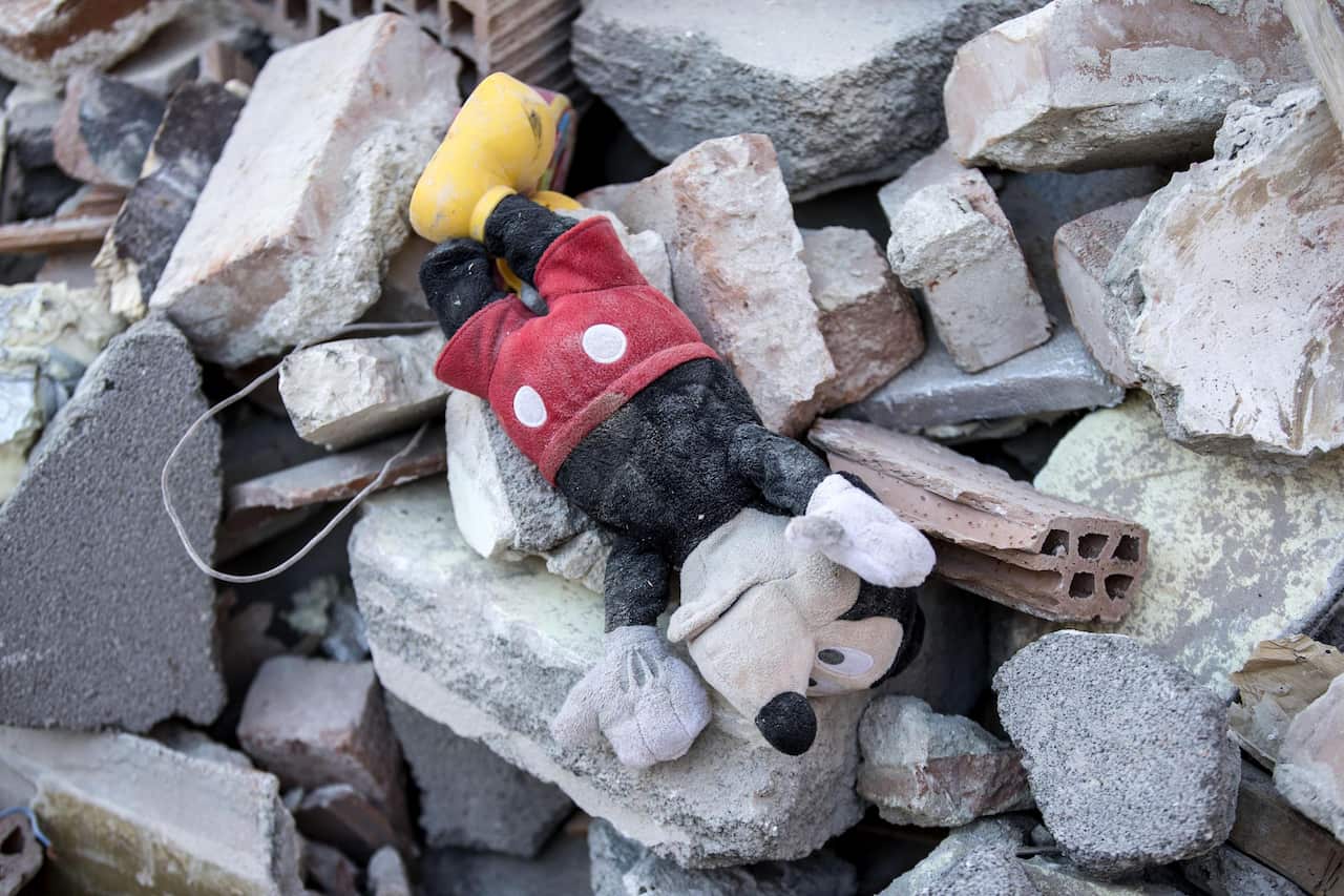 Rubble of a building collapsed in Amatrice, central Italy, where a 6.1 earthquake struck just after 3:30 a.m., Italy, 24 August 2016.