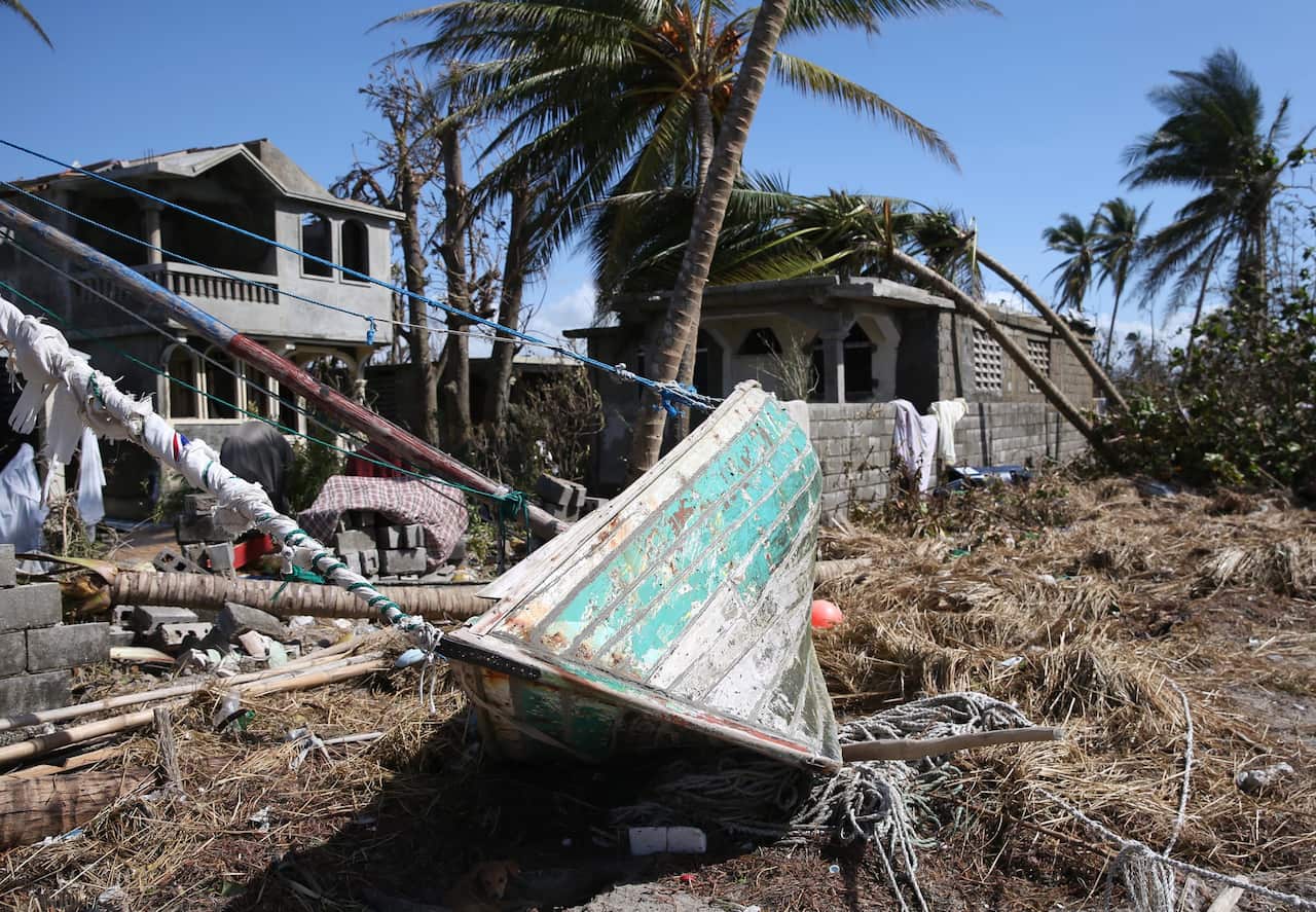 A boat washed ashore after the passage of Hurricane Matthew in Playa Gelee, Haiti, 07 October 2016.