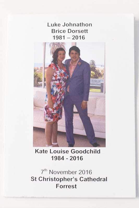 A picture of Dreamworld accident victims Kate Goodchild and Luke Dorsett is seen on the order of service during the funeral at St Christopher's Cathedral in Canberra