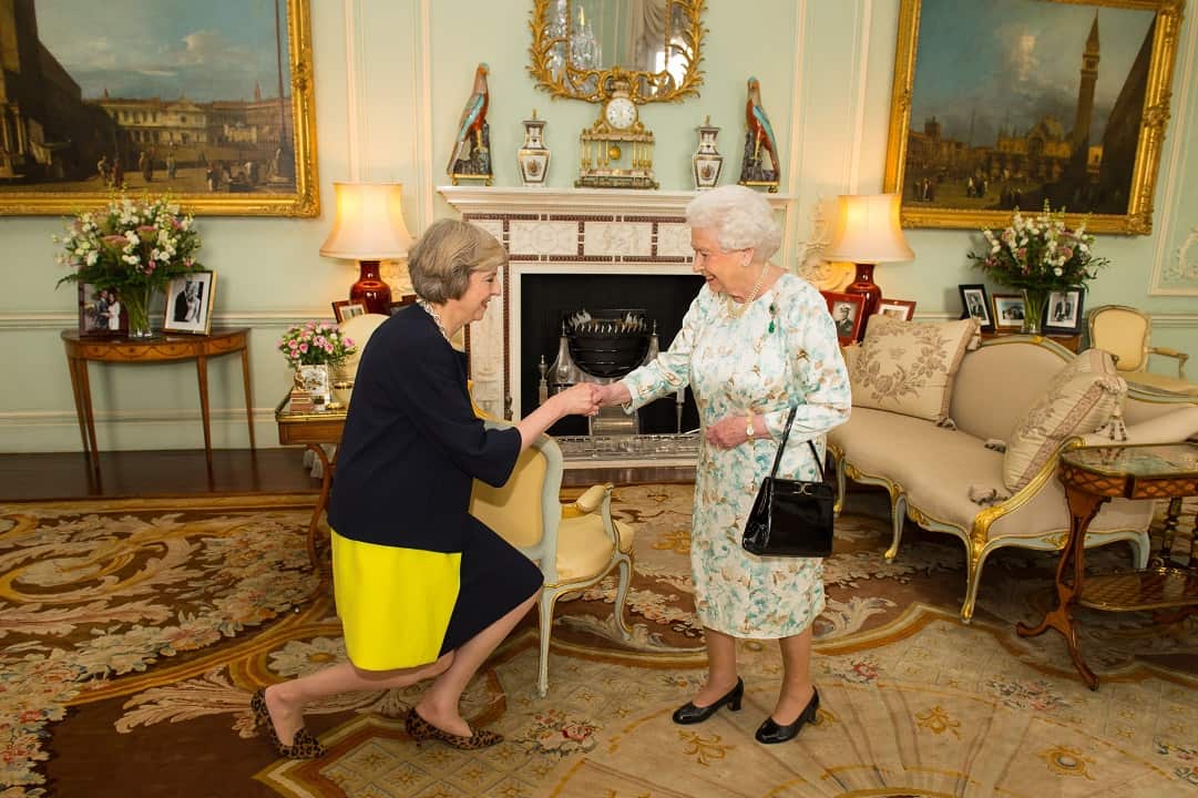 July 2016: Queen Elizabeth II welcomes Theresa May at the start of an audience in Buckingham Palace.