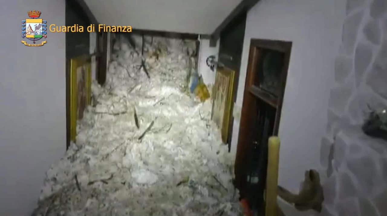 A handout photo made available by the Italian Guardia di Finanza showing snow fill up the interior of the hotel Rigopiano in the town of Farindola
