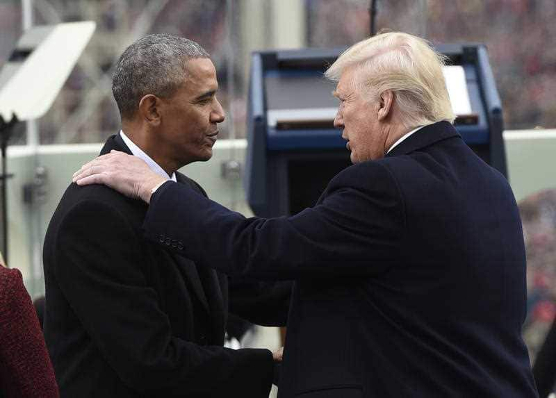 President Barack Obama shake hands with President-elect Donald Trump during the Presidential Inauguration at the US Capitol in Washington, DC, on January 20, 2017.