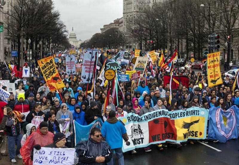 Protestors against US President Donald J. Trump's support for the Dakota Access pipeline march down Pennsylvania Avenue