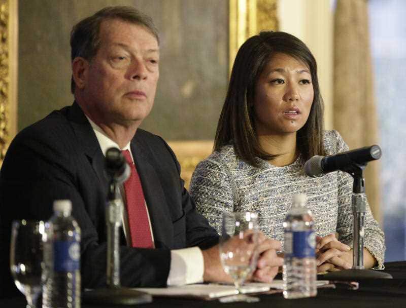 Crystal Pepper daughter of Dr. David Dao accompanied by attorney Stephen Golan, speaks at a news conference Thursday, April 13, 2017, in Chicago. Dao a passenger dragged from a United Express flight Sunday April 9, 2017.
