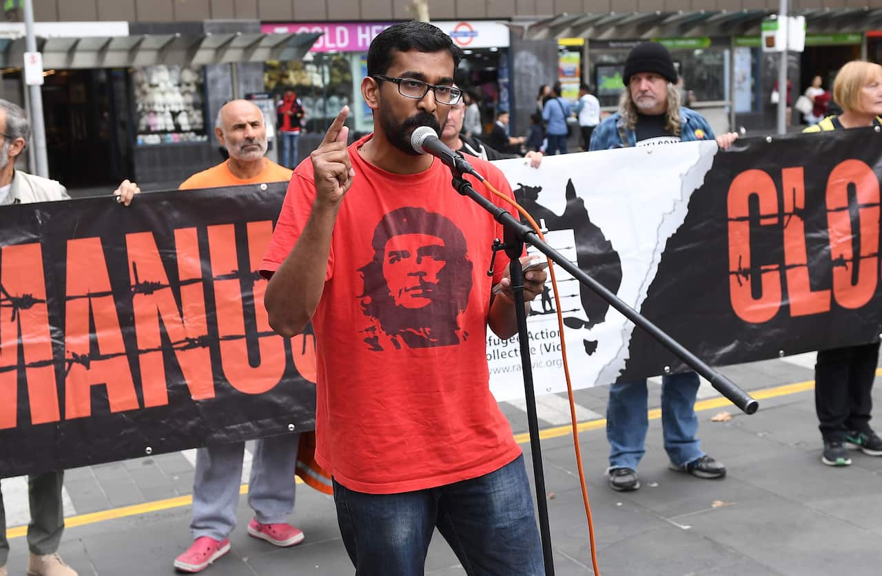 Aran Mylvaganam addresses the Manus Island protest in Melbourne on April 17, 2017.