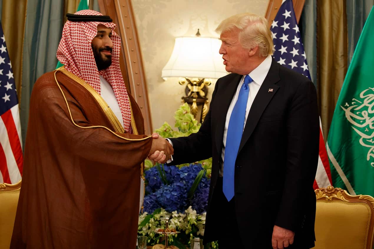 President Donald Trump shakes hands with Saudi Deputy Crown Prince and Defense Minister Mohammed bin Salman in Riyadh, May 2017.
