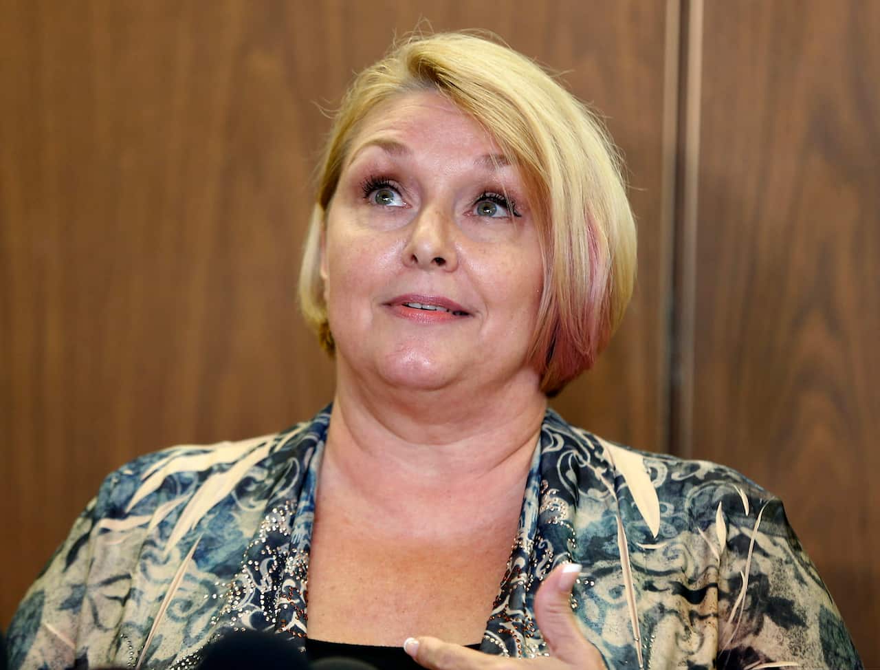 Samantha Geimer talks to the media at Los Angeles Superior Court after a motion hearing.