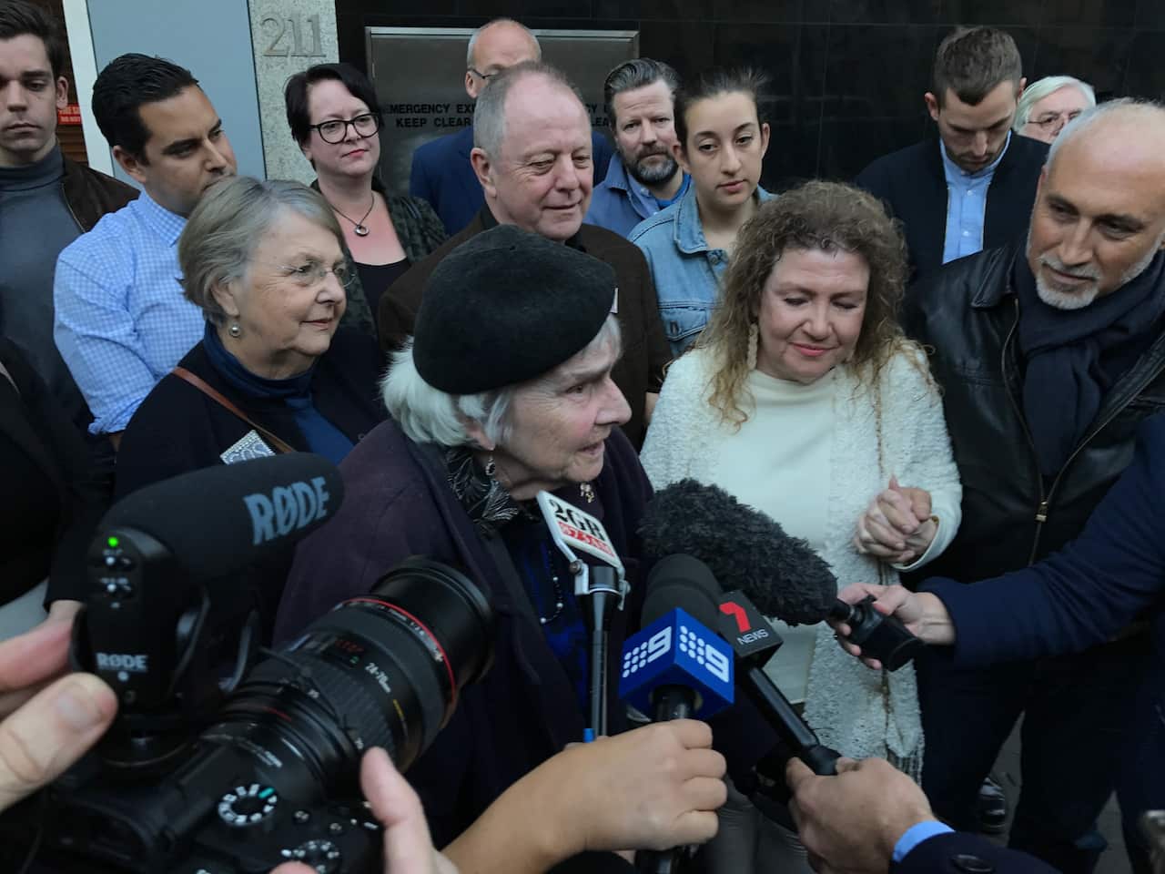 Maya Demetriou, 90, a resident in the Sirius building, addressing the media outside the Land and Environment Court in Sydney. (AAP)