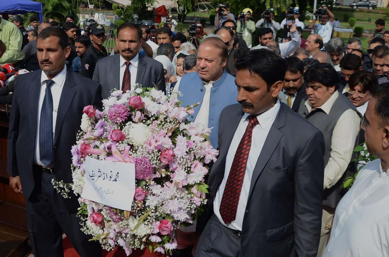 Lahore: Pakistani ousted prime minister Nawaz Sharif arrives at the tomb of Pakistan's national poet Allama Mohammad Iqbal to Independence Day