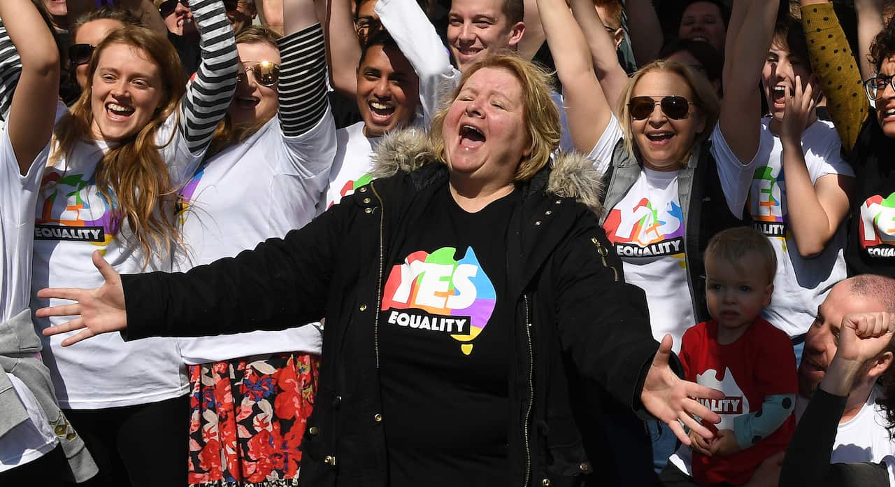 Magda Szubanski is seen at a marriage equality rally in South Melbourne in Melbourne, Sunday, September 17, 2017.