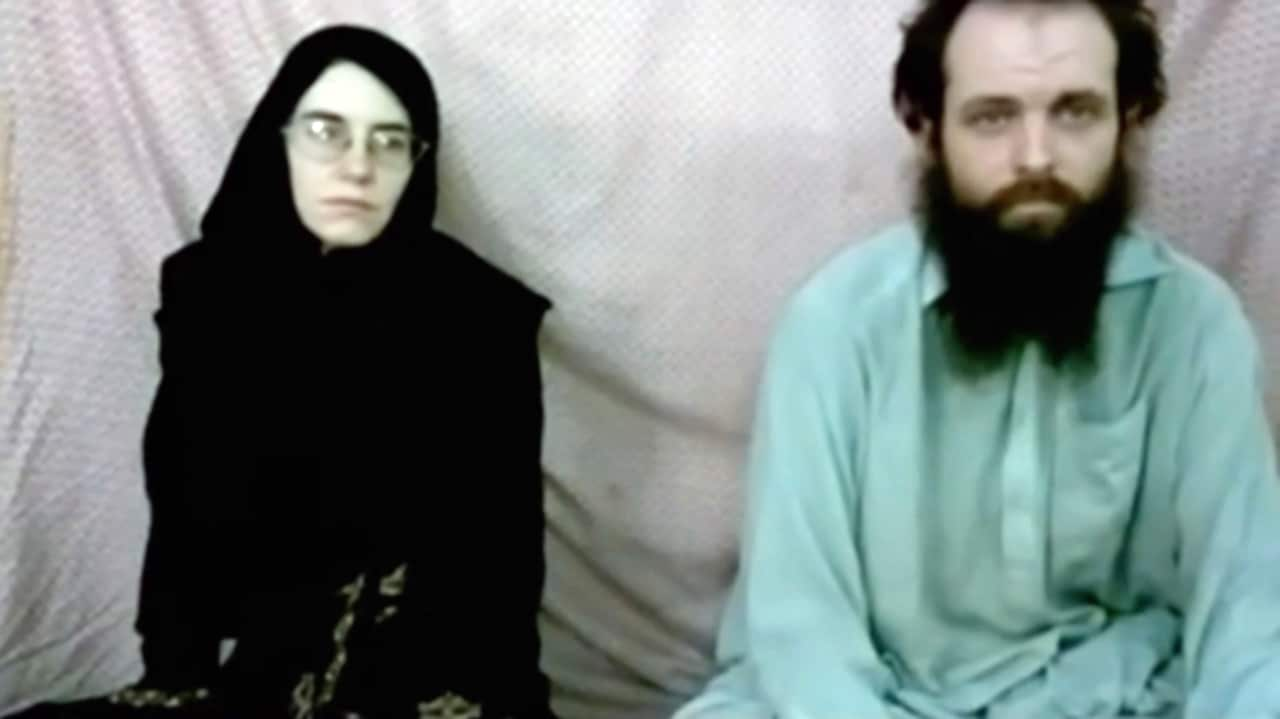 This still image made from a 2013 video released by the Coleman family shows Caitlan Coleman and her husband, Canadian Joshua Boyle in a militant video given to the family.