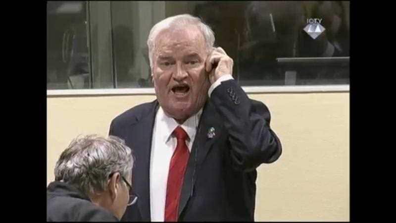 Bosnian Serb military chief Ratko Mladic shouting at the presiding judge during the verdict hearing in his genocide trial, in The Hague, Netherlands.