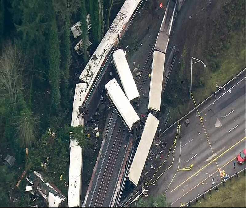 This image from video provided by KOMO-TV, shows the site of an Amtrak train that derailed south of Seattle on Monday, Dec. 18, 2017.