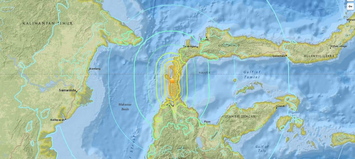 Map shows shaking from the September 28, 2018 Palu, Indonesia earthquake.