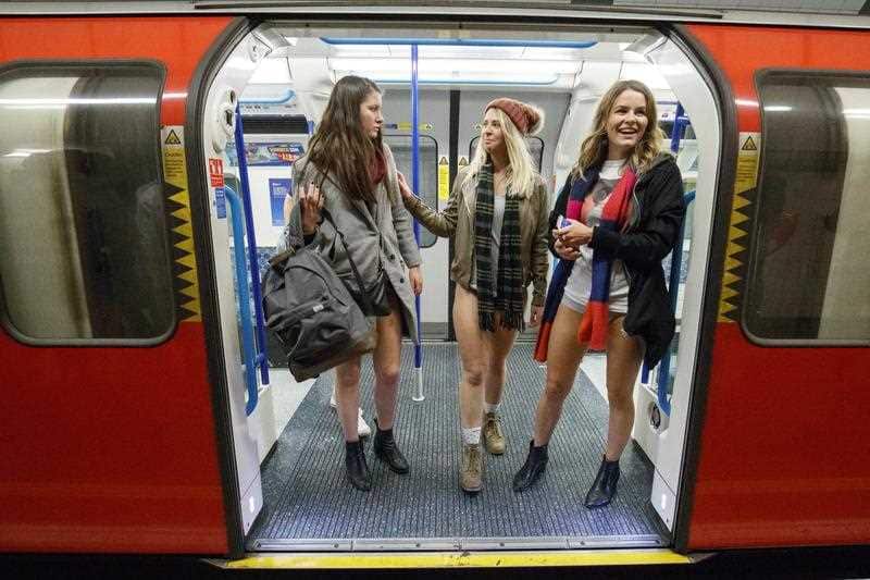 Passengers wear no trousers as they ride the London Underground in London, Britain, 07 January 2018.