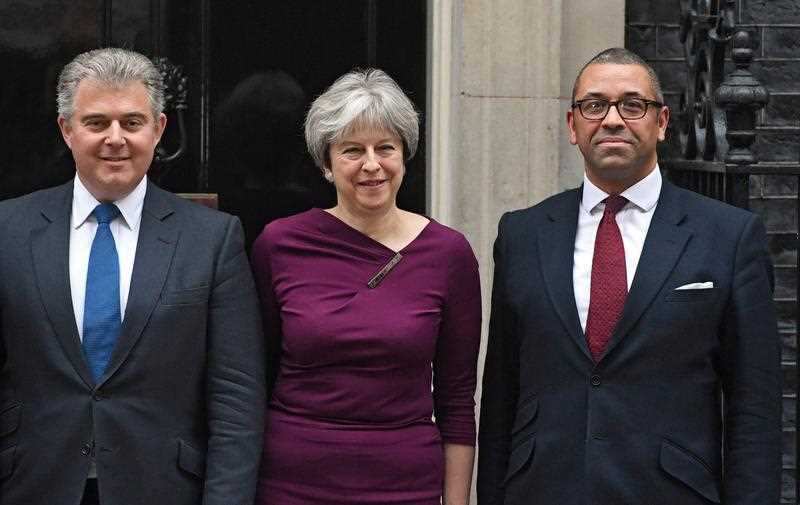 British Prime Minister Theresa May (C) poses with Newly-appointed deputy Chairman of the Conservative Party, Brandon Lewis (L) and newly appointed deputy chairman James Cleverly outside 10 Downing Street in London, Britain, 08 January 2018.