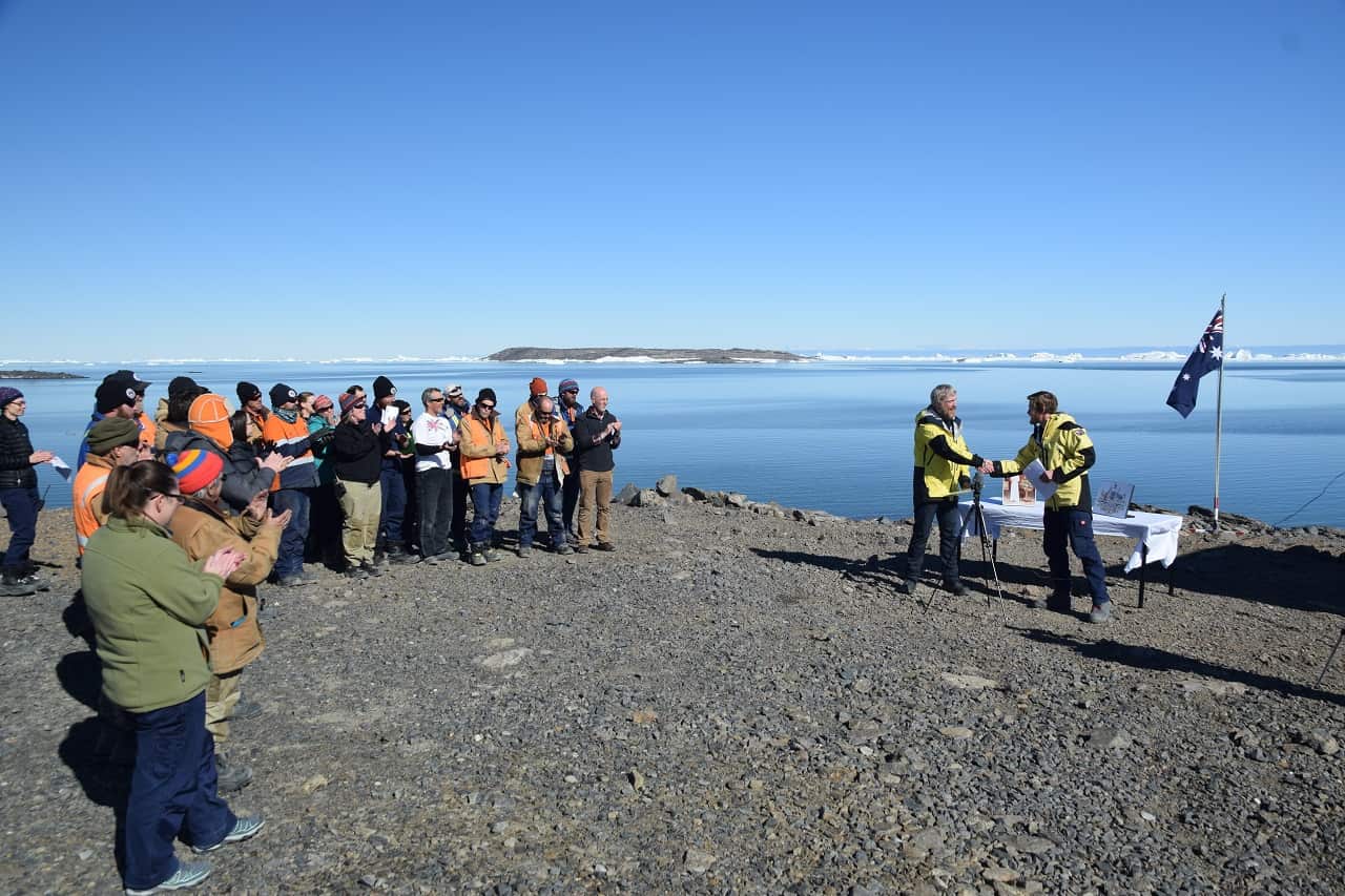 Terry Barrell made the citizenship pledge on the shore of Prydz Bay at Davis Station.