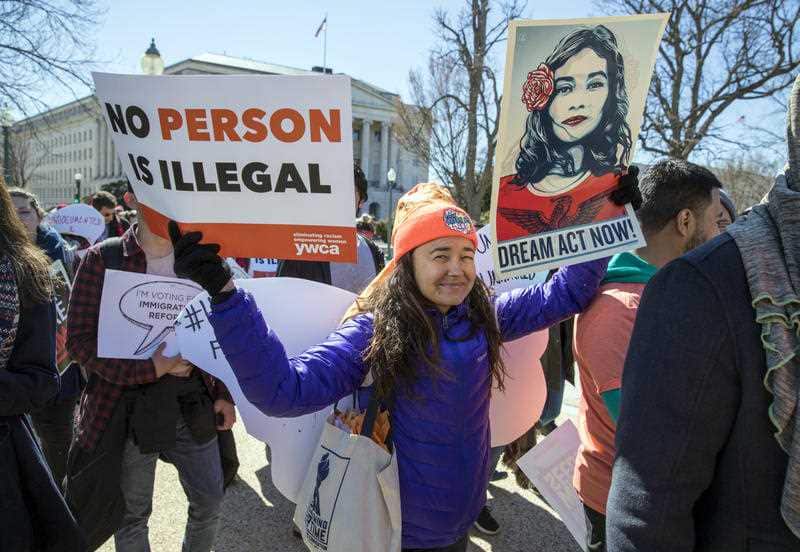 Deferred Action for Childhood Arrivals (DACA) recipients and other young immigrants march with supporters as they arrive at the Capitol in Washington.