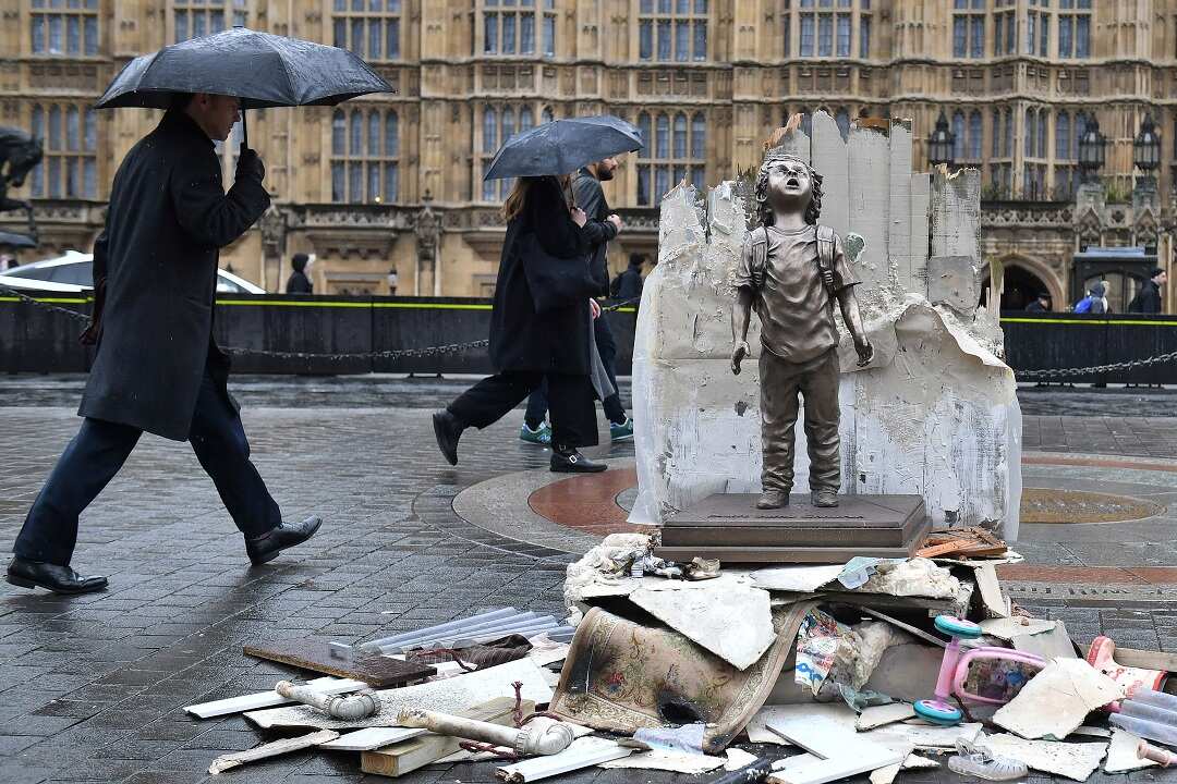 A statue of a child placed next to the Houses of Parliament in London to draw attention to the war in Yemen.