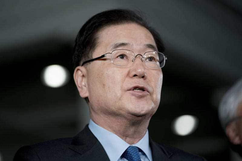 South Korean national security director Chung Eui-yong speaks to reporters at the White House in Washington.