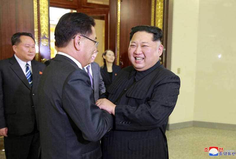North Korean leader Kim Jong Un, front right, meets South Korean National Security Director Chung Eui-yong, front left, in Pyongyang, North Korea