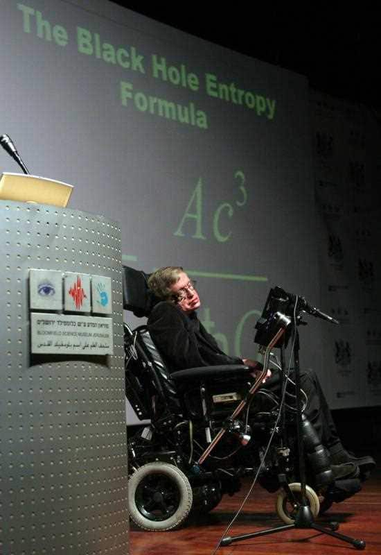 British scientist Stephen Hawking speaks about Black Holes in a talk at the Bloomfield Science Museum in Jerusalem on 10 December 2006. 
