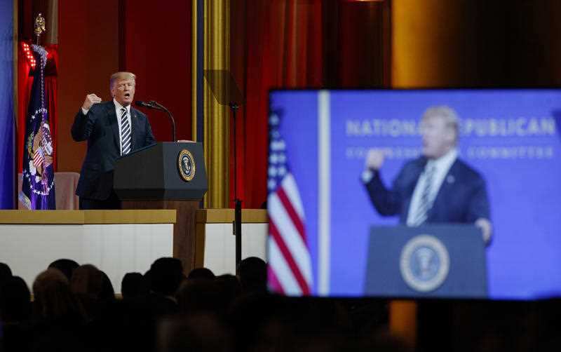 President Donald Trump speaks to the National Republican Congressional Committee March Dinner, at the National Building Museum Tuesday.