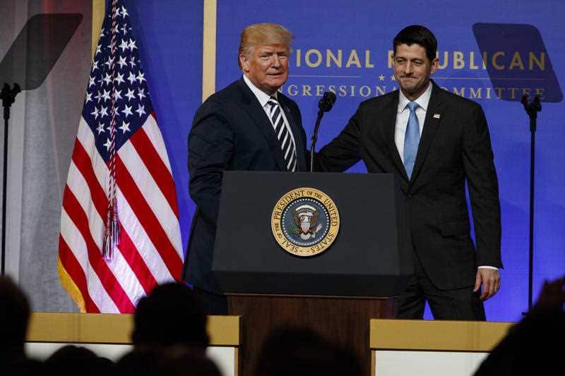 Speaker of the House Rep. Paul Ryan, R-Wis., greets President Donald Trump to speak to the National Republican Congressional Committee March Dinner.