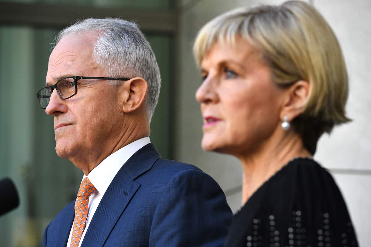 Prime Minister Malcolm Turnbull (left) and Foreign Minister Julie Bishop speak to the media during a press conference at Parliament House in Canberra, Tuesday, March 27, 2018. (AAP Image/Mick Tsikas) NO ARCHIVING
