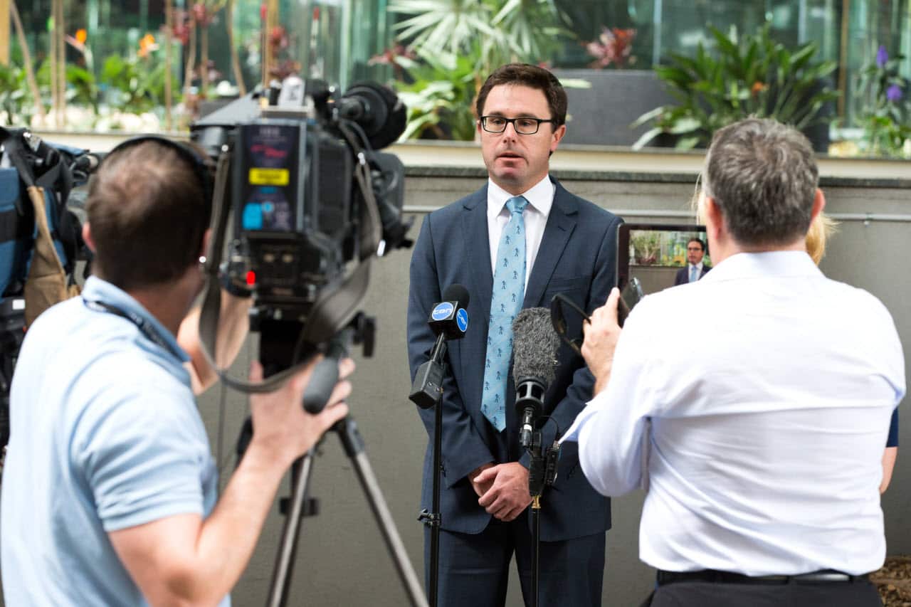 Federal Minister for Agriculture and Water Resources David Littleproud is seen during a press conference in Brisbane, Queensland, Thursday, April 5, 2018. 