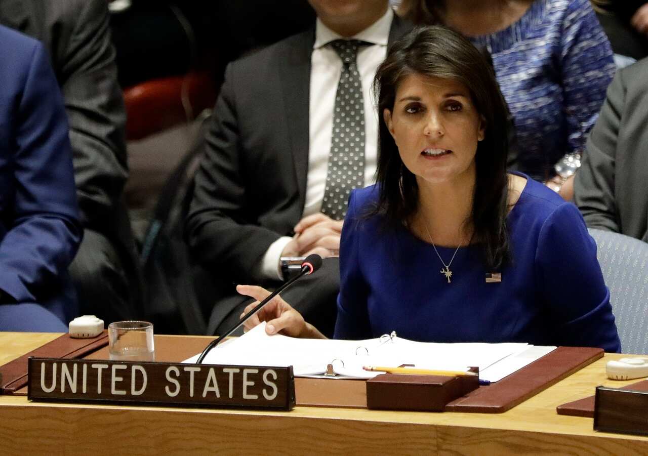 US Ambassador to the UN, Nikki Haley, addresses a Security Council meeting on the situation in Syria at UN headquarters, 14 April 2018.