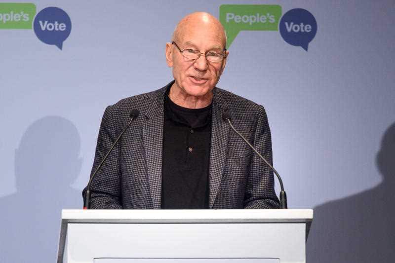Sir Patrick Stewart addresses the crowd during the People's Vote campaign launch.