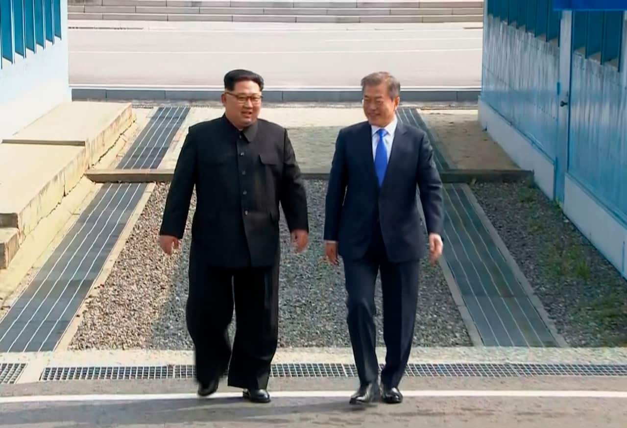 North Korean leader Kim Jong Un, left, and South Korean President Moon Jae-in.