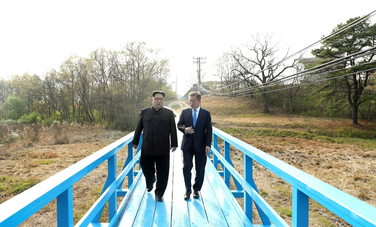 North Korean leader Kim Jong-Un talks with South Korean President Moon Jae-Inat the Peace House on Joint Security Area on the Demilitarized Zone.