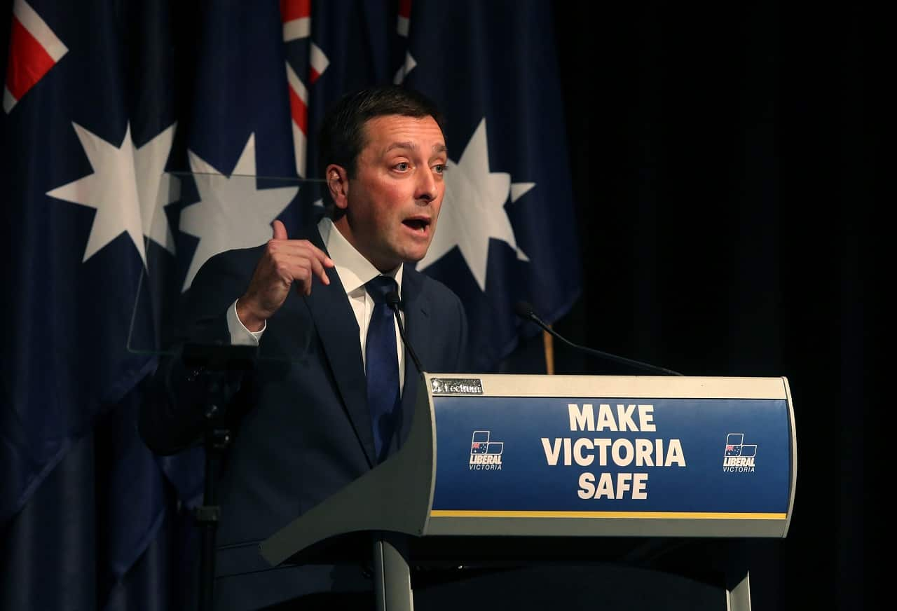 Then-Victorian Opposition Leader Matthew Guy addresses the Victorian Liberal Party conference in 2018.