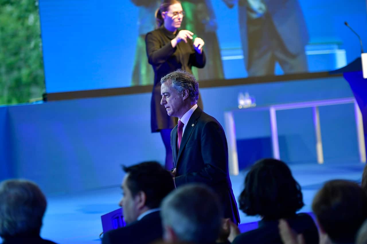 Inigo Urkullu, Basque Regional President or Lehendakari in Basque language, during an institutional ceremony in the city of Bilbao, northern Spain, Thursday, May 3, 2018. The Basque militant group ETA on Wednesday announced its dissolution.