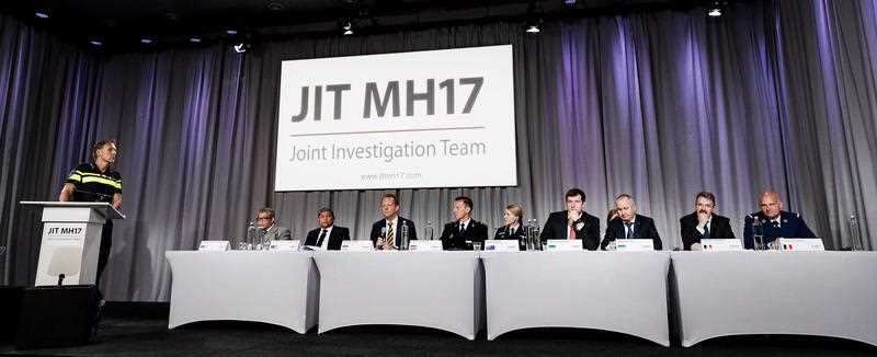 Members of the Joint Investigation Team (JIT) hold a press conference on the ongoing investigation of the Malaysia Airlines MH17 crash in 2014, in Bunnik, The Netherlands, 24 May 2018.