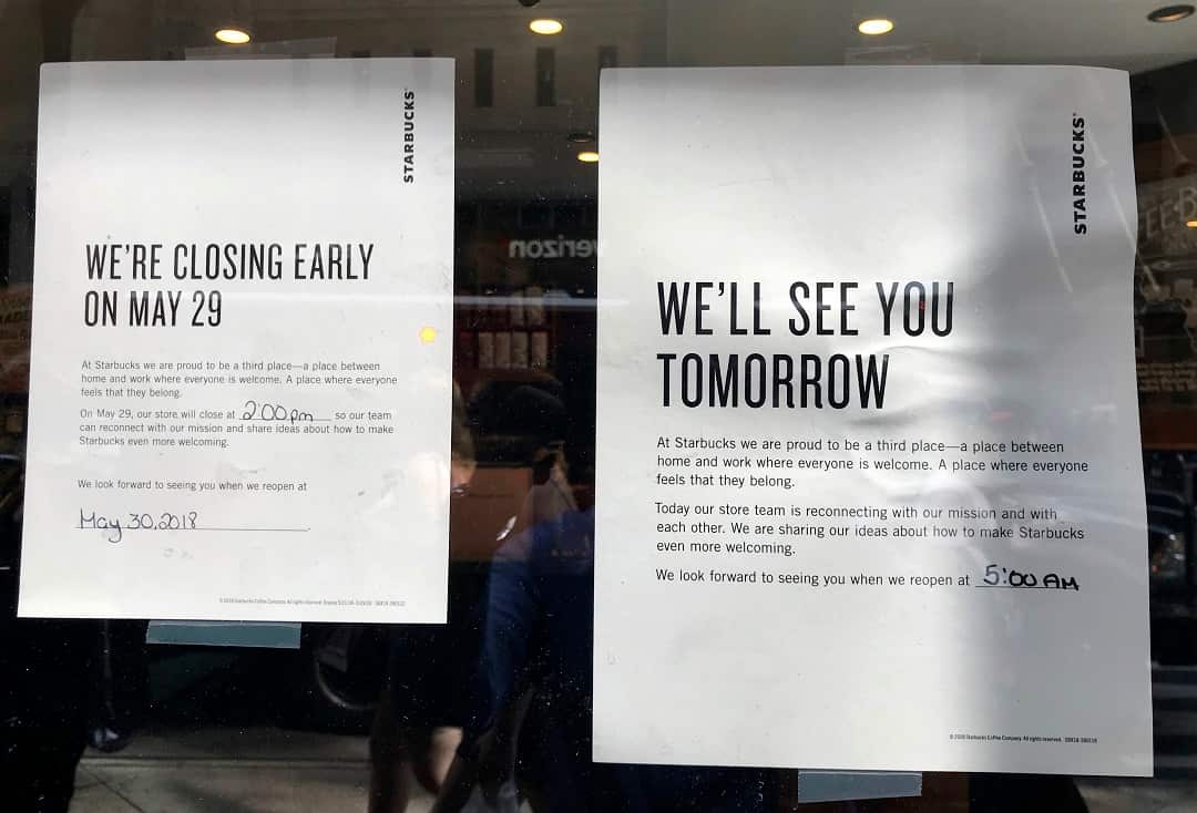 Photo taken on May 29, 2018, shows a notice of temporary closure posted at a Starbucks Coffee Co. outlet in New York.