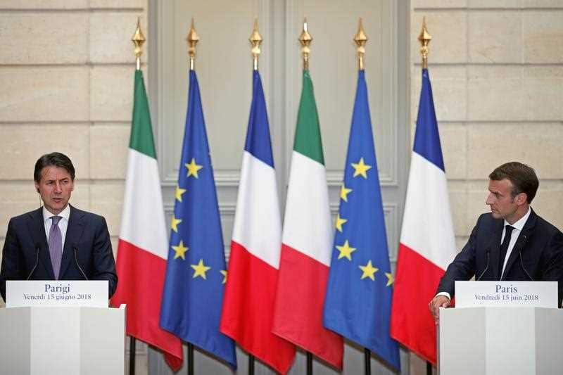 French President Emmanuel Macron and Italian Premier Giuseppe Conte hold a joint press conference following their meeting at the Elysee Palace in Paris, France