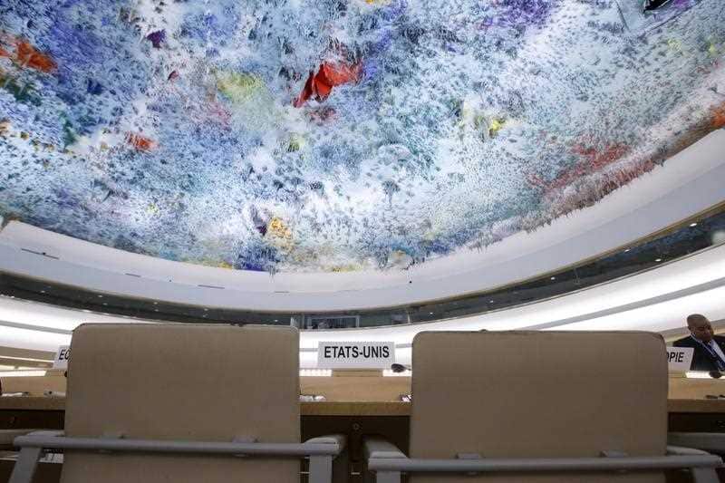  The empty seats of the delegation of the United States are seen prior to the High-Level Segment of the 34th session of the Human Rights Council, at the European headquarters of the United Nations in Geneva, Switzerland, 28 February 2017