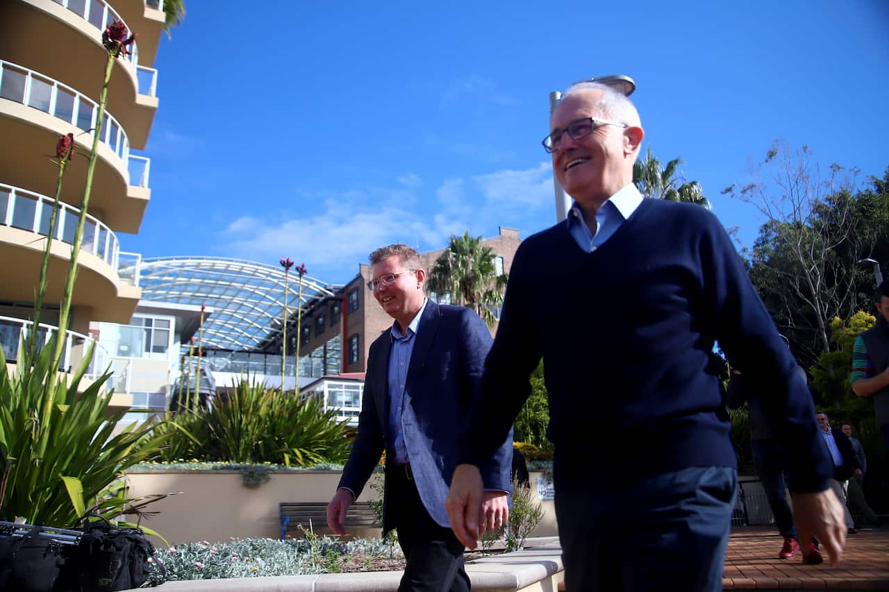 Prime Minister Malcolm Turnbull and Minister for Small and Family Business, the Workplace and Deregulation Hon Craig Laundy arrive for a press conference in Sydney, Sunday, June 24, 2018. (AAP Image/Jeremy Ng) NO ARCHIVING