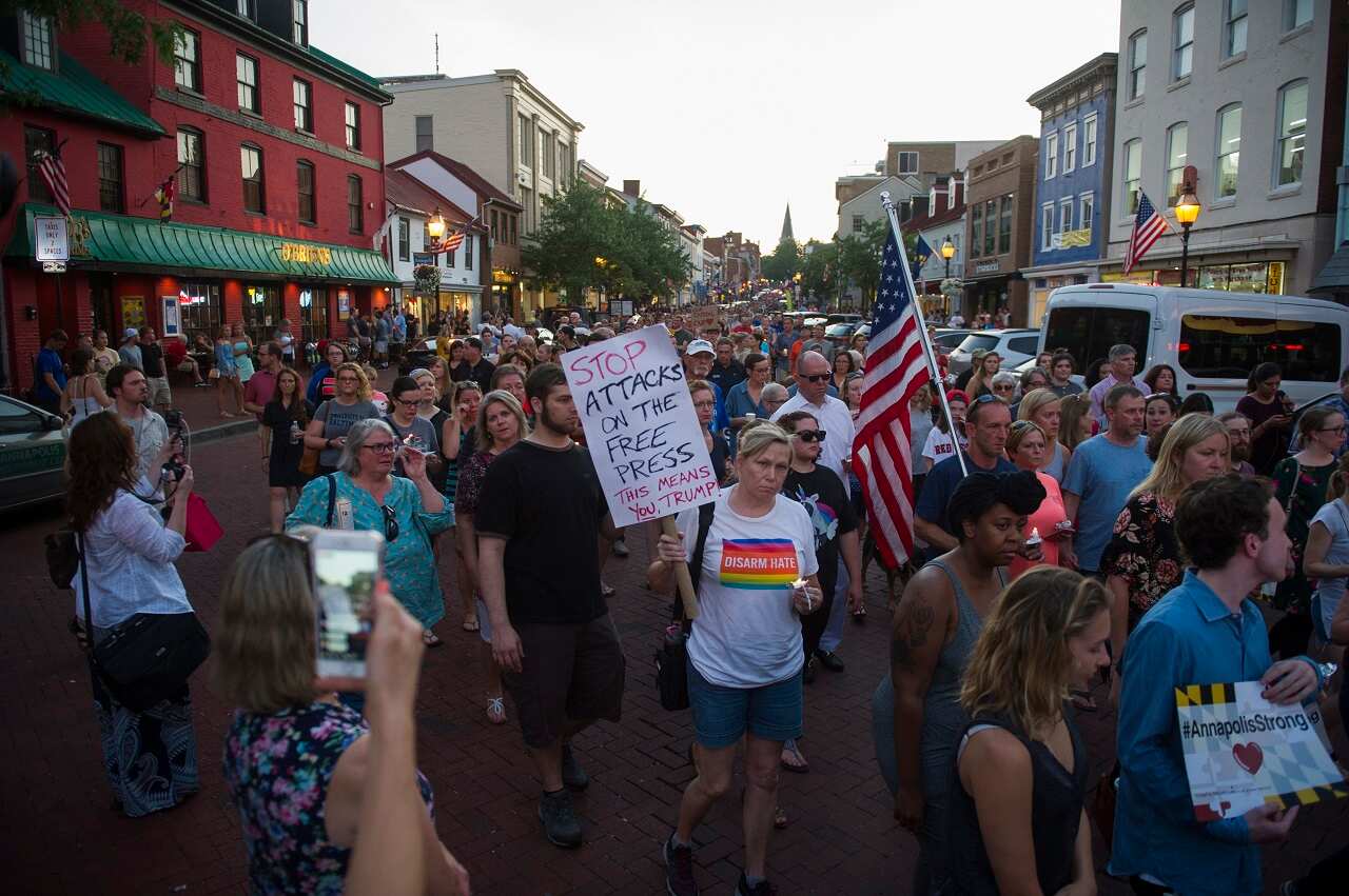 Thousands march to remember the five journalists from The Capital Gazette newspaper in Annapolis, Maryland, USA, 29 June 2018. 